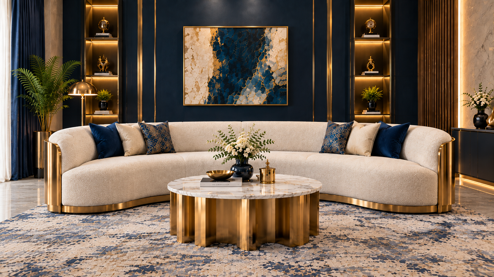 Ivory curved sofa in a navy and gold interior